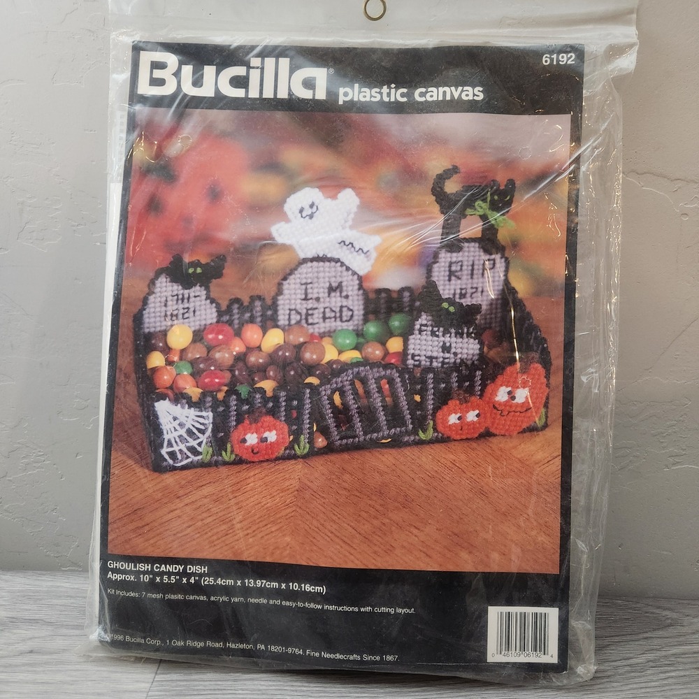 Vinyage‎ Bucilla Ghoulish Candy Dish Plastic Canvas Kit Halloween  1996 Crafting